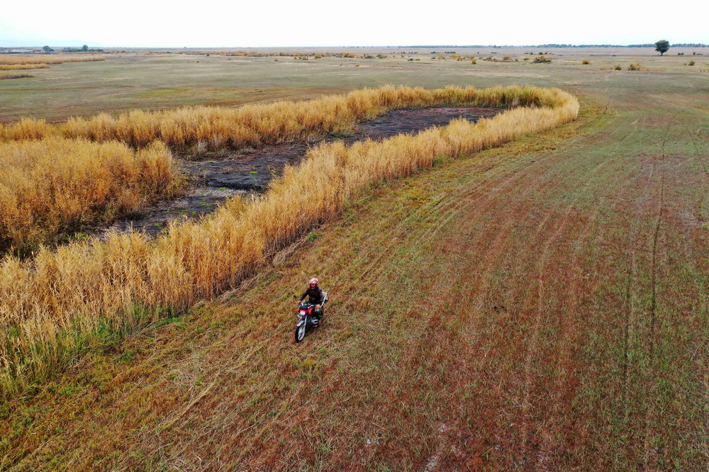 9月24日，新疆阿勒泰科克苏湿地国家级自然保护区管理局克兰奎汗管护站管护员杰布斯汗·阔学勒汗在保护区内巡护（无人机照片）。
